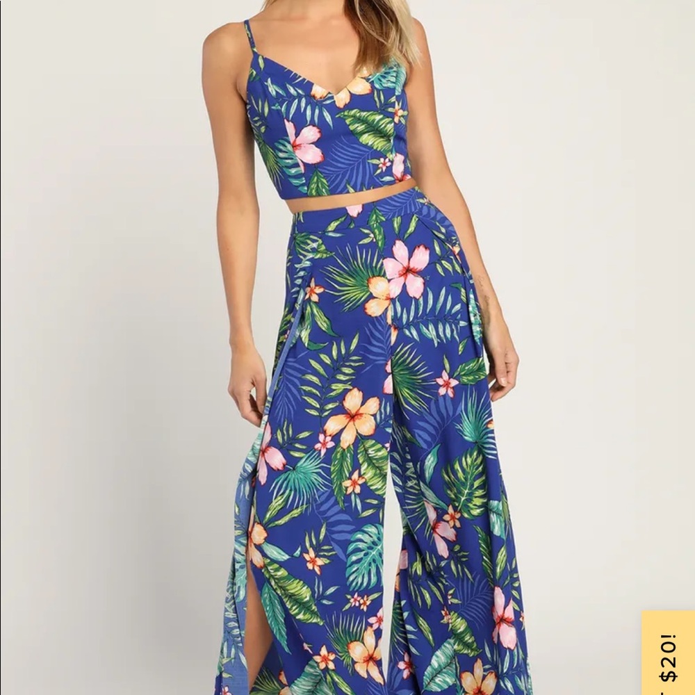 Lulu's Blue Tropical Floral Two-Piece Jumpsuit